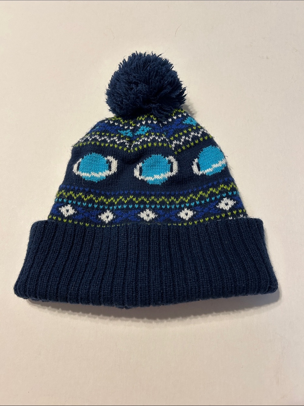 Urban Pipeline OSFM Navy Blue Lime White Pom Pom Planet Fair Isle Knit Hat